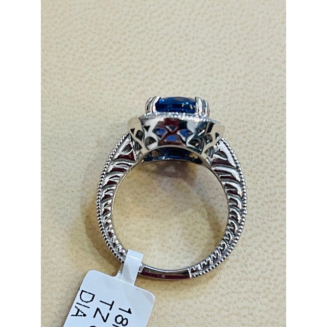 Blue 6 Carat Oval Tanzanite and 1 Carat Diamond Ring 14 Karat White Gold, Estate For Sale - Image 8 of 18