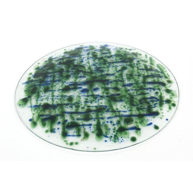 Metal Vintage Mid Century Modern Signed Higgins Fused Glass Round Charger Plate With Gold and Hanging Man Blue Green and Gold For Sale - Image 7 of 10