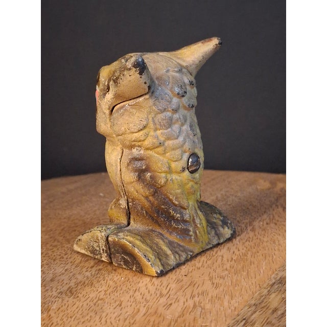 Vintage Cast Iron Owl on Stump Still Bank Gold Finish 3.7" Moore Pg 90 #599 For Sale - Image 14 of 18