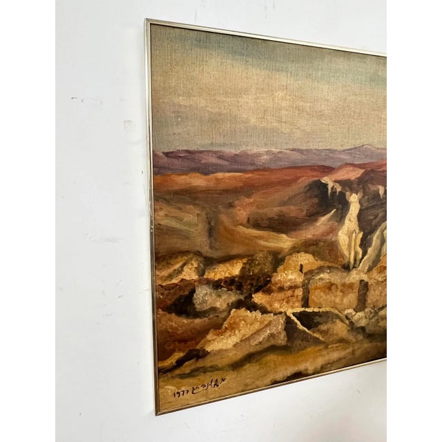 Modernist landscape painting depicting the mountainous region where the ancient fortress of Masada once stood in southern...