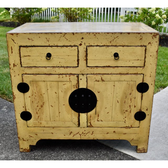 Chinese Wood Painted Cabinet Ming Style Distressed Yellow For Sale - Image 14 of 16