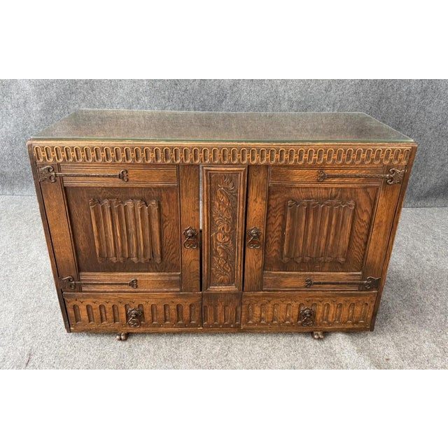 Early 20th Century Antique Carved Oak Buffet With Metal Hardware For Sale - Image 5 of 18