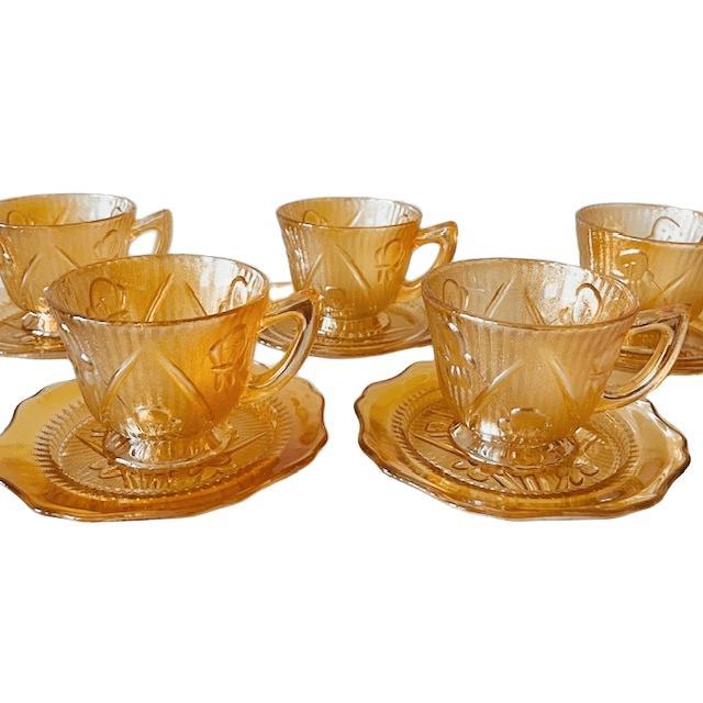Vintage Jeanette Carnival Cup and Saucer Set in Peach Glass, 1930s, Set of 10 For Sale - Image 5 of 10