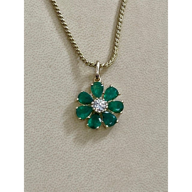 Emerald and Solitaire Diamonds Flower Pendant Necklace 14 Karat Yellow Gold For Sale - Image 18 of 18