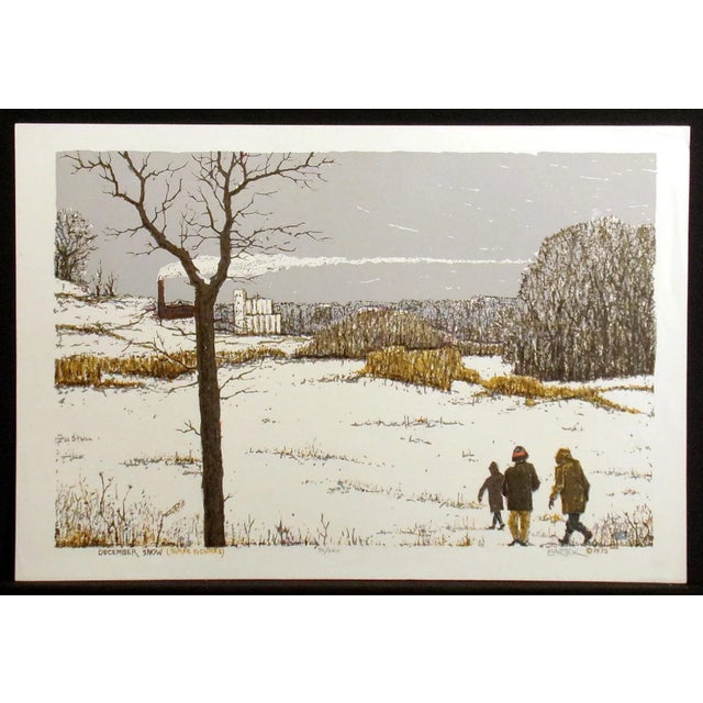 Unframed original limited edition serigraph art print on paper of three people walking through a rural snowy landscape by...
