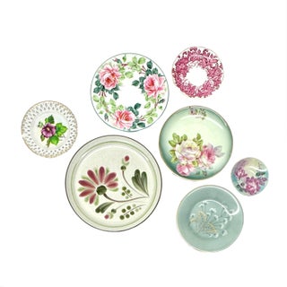 Dusty Teal & Magenta Vintage Floral Wall Plate Curation - Group of 7 For Sale