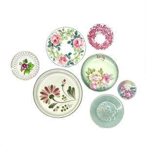 Dusty Teal & Magenta Vintage Floral Wall Plate Curation - Group of 7