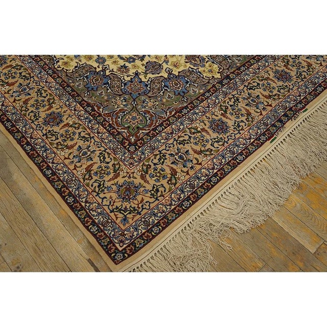 1950s Small Classic Beige Field Medallion Vintage Isfahan Wool Silk Carpet Rug For Sale - Image 4 of 12