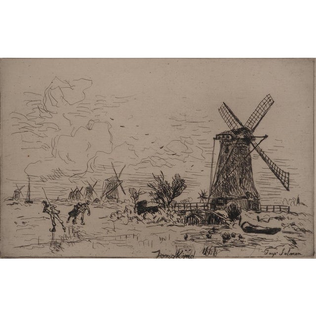 Johan-Barthold Jongkind, Batavia, Mills in Holland, Original Signed Engraving For Sale - Image 6 of 6
