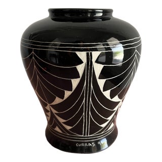 Curras Brothers Vase Signed 1996 Black & White Hand-Carved Art Pottery For Sale