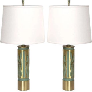 1940s Cattails Negative-Relief Brass Table Lamps - a Pair For Sale