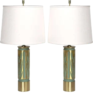1940s Cattails Negative-Relief Brass Table Lamps - a Pair