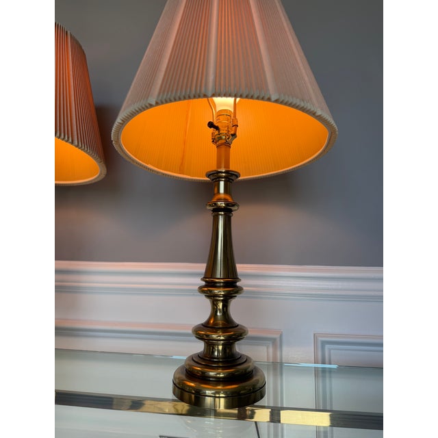 Vintage Stiffel Hollywood Regency Solid Brass Table Lamps w/ Shade – a Pair For Sale - Image 6 of 12