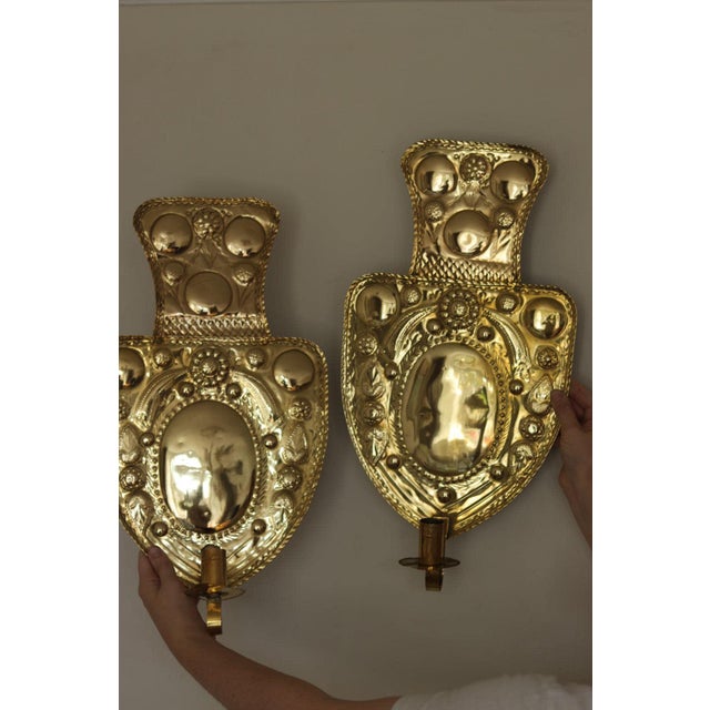 Large Mid-Century Baroque Swedish Brass Sconces, Set of 2 For Sale - Image 10 of 16