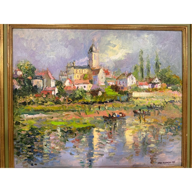 Green Late 20th Century Anna Olszewska - Riverside Village, Oil on Canvas For Sale - Image 8 of 13