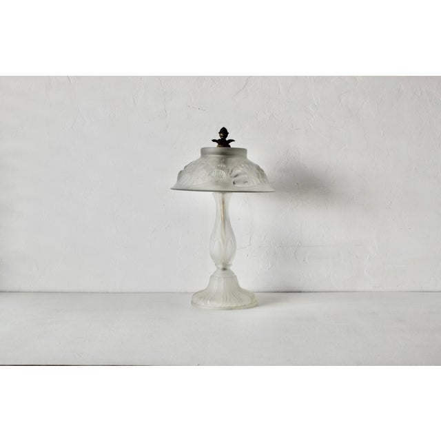 Late 20th Century Vintage Lalique Style Art Nouveau Frosted Glass Lamp Floral Relief For Sale - Image 5 of 13
