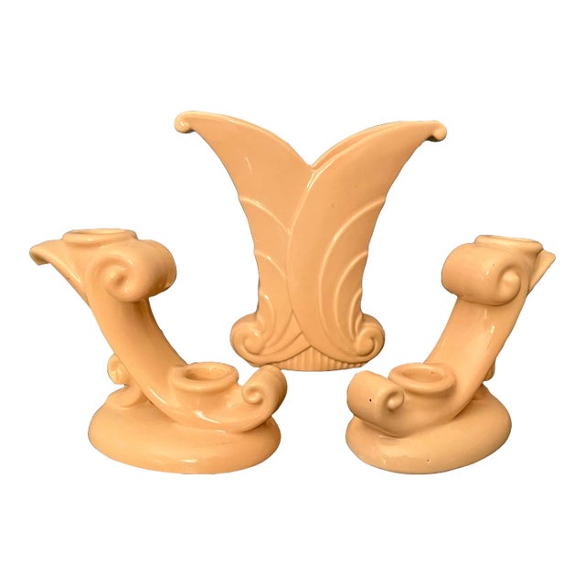 1940s Art Deco Skyscraper Cream Porcelain Scroll Vase and Matching Candle Stick Holders by Abingdon Usa- 3 Pieces For Sale