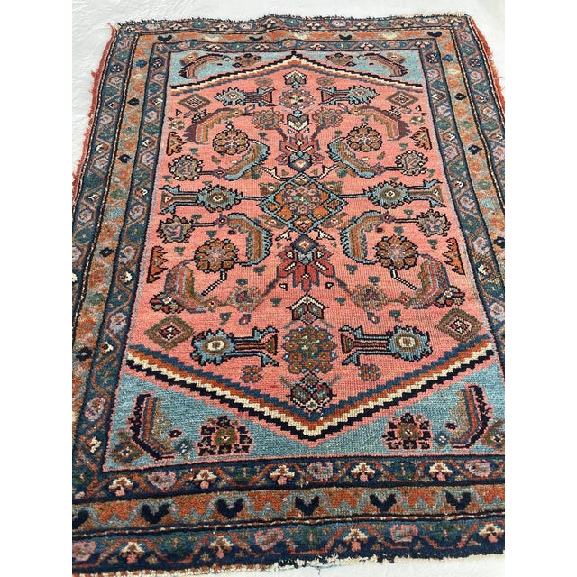 Antique Hamadan Rug Coral-Pink & Sky Blue Water Garden Rug 2.7 x 3.4 For Sale - Image 4 of 10