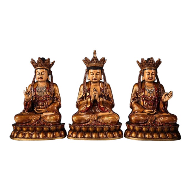 Late 20th Century Set of 3 Gilt Bronze Seated Bodhisattva Figures on Lotus Bases For Sale