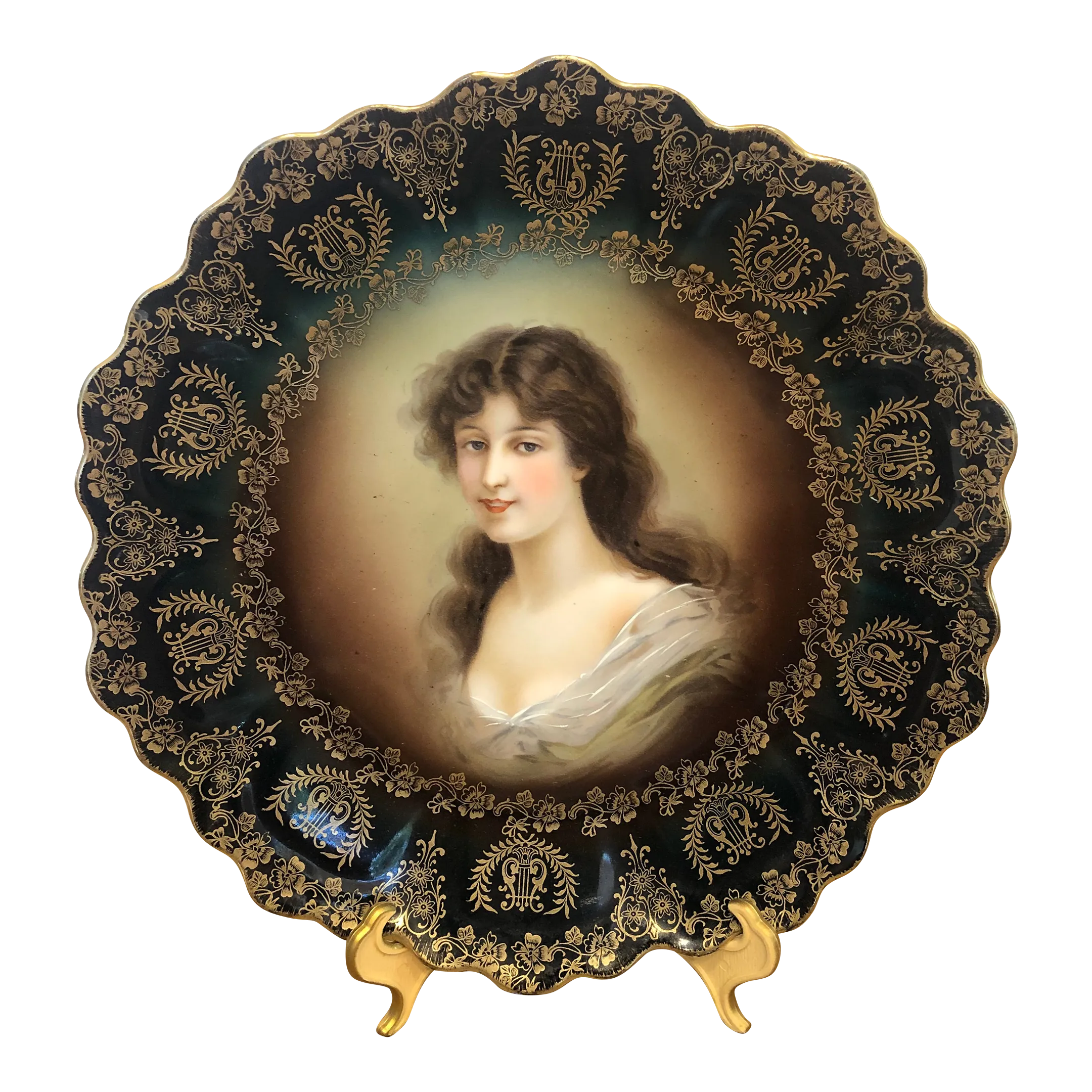 Early 1900s Antique Royal Vienna Porcelain Cabinet Green Portrait