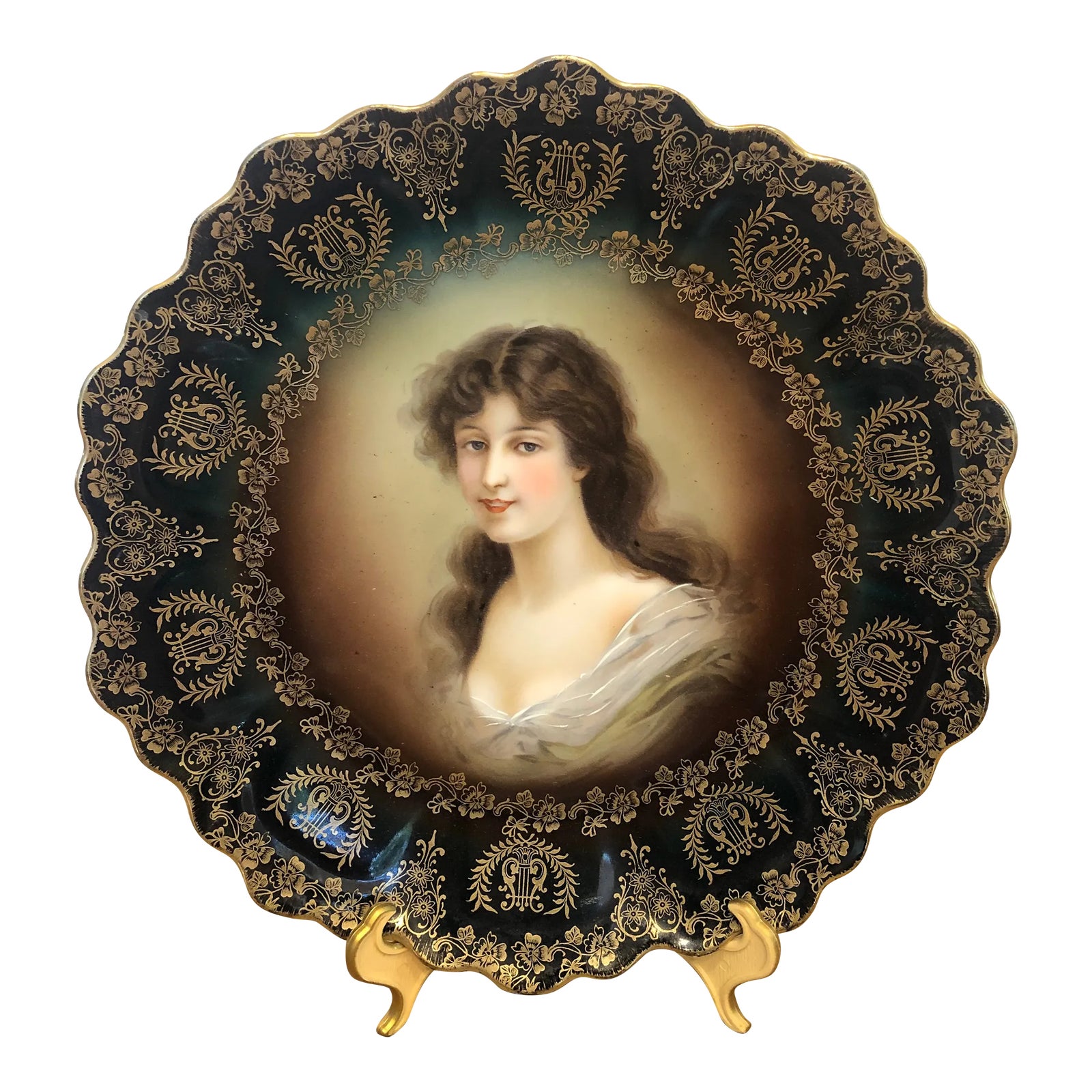 Early 1900s Antique Royal Vienna Porcelain Cabinet Green Portrait