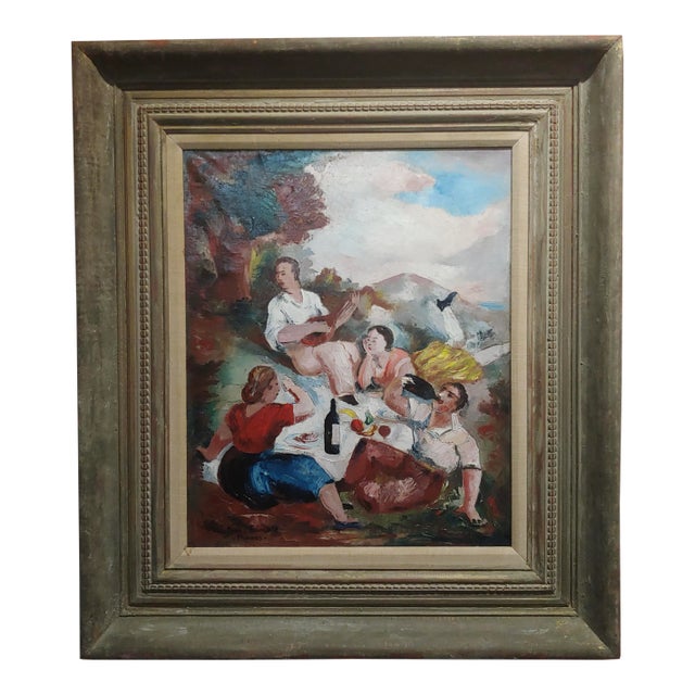 Jean François -Drinking Wine and Singing Outdoor -1930s Oil Painting For Sale