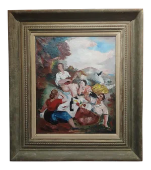Jean François -Drinking Wine and Singing Outdoor -1930s Oil Painting