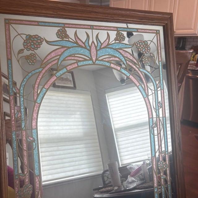 Windsor Arts Faux Stained Glass Mirror circa 1980. This mirror has a very pretty shimmery decoration in pink and green and...