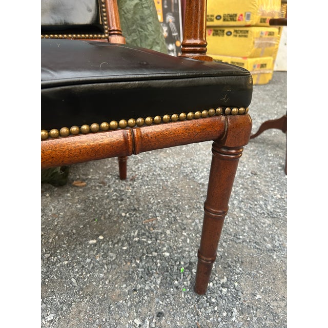 Mid-Century Hollywood Regency Faux Bamboo & Tufted Black Leather Armchair For Sale - Image 6 of 11
