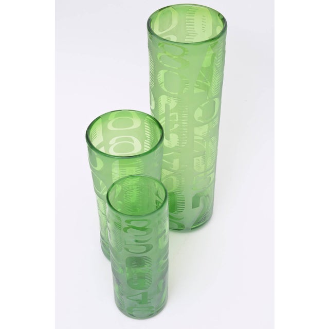 Vintage Trio of Three Graduated Frosted and Etched Numbered Glass Vases 1980's For Sale - Image 10 of 10