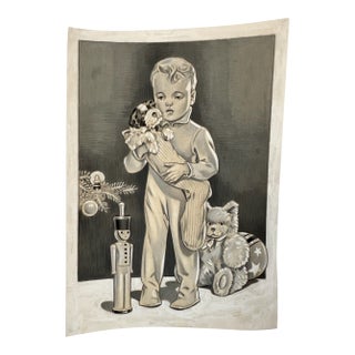 1940s Original Signed Graphite Illustration of Child Holding Christmas Stocking With Toys, 9.5 × 6.5 In. For Sale