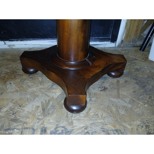 Antique American Empire Federal Drop Leaf Flame Mahogany Two Drawer Table With Brass Lion Head Drawer Pulls For Sale - Image 4 of 10