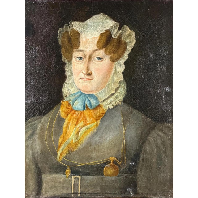 Antique French oil portrait of a lady, painted circa 1790–1800, during the transitional period between late Rococo and...