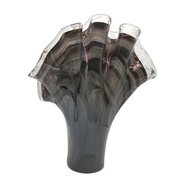 Black Vintage Italian Black Swirl Ruffled Large Glass Vase For Sale - Image 8 of 8