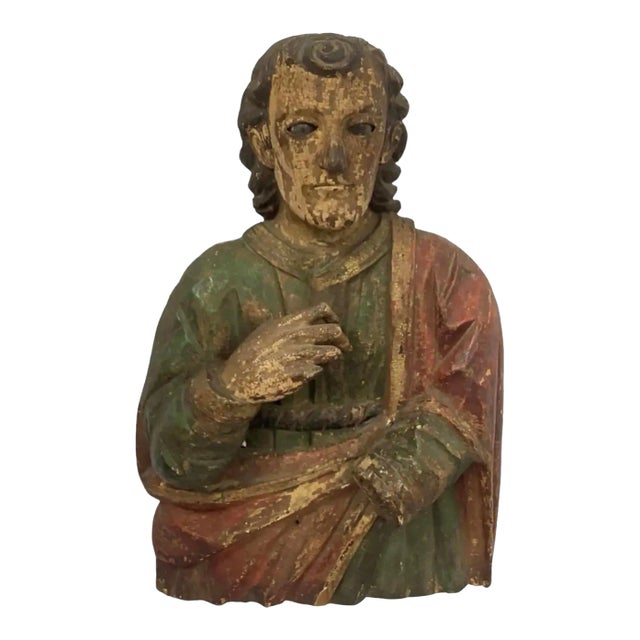 18th Century Carved & Polychrome Bust of a Saint For Sale