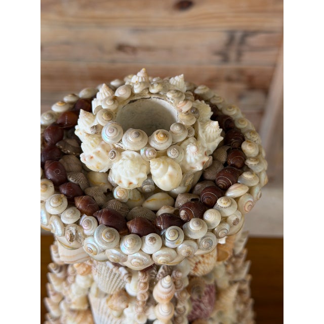Sculpture Materials Vintage Handcrafted Coastal Seashell Encrusted Plaster Obelisk Candleholders, Pair For Sale - Image 7 of 12