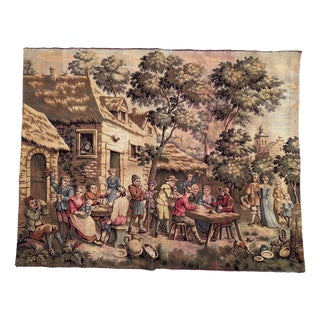 Antique French Aubusson Jacquard Tapestry Village, 1970s For Sale
