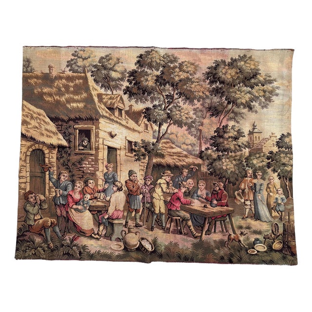Antique French Aubusson Jacquard Tapestry Village, 1970s For Sale