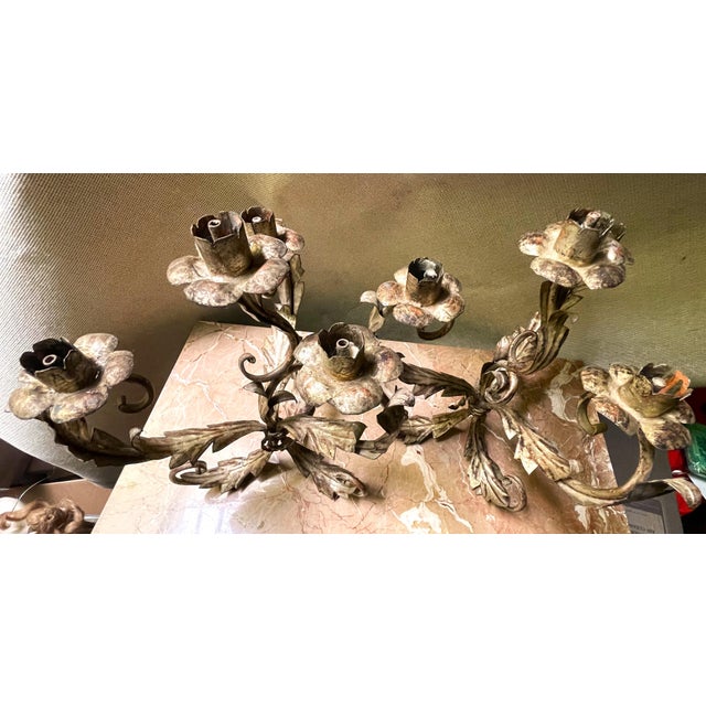 Mid 20th Century Mid 20th Century Pair of Italian Silver Gilt Tole 4 Light Candelabra Candle Holder Lights Leaf & Swirl For Sale - Image 5 of 11