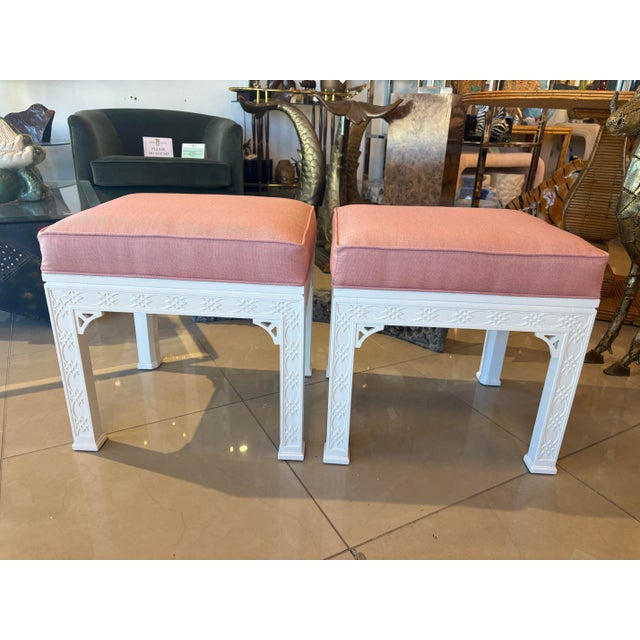 Vintage Kindel Pair of Benches Ottomans Fretwork Fret Upholstered Lacquered Chinoiserie For Sale - Image 12 of 13