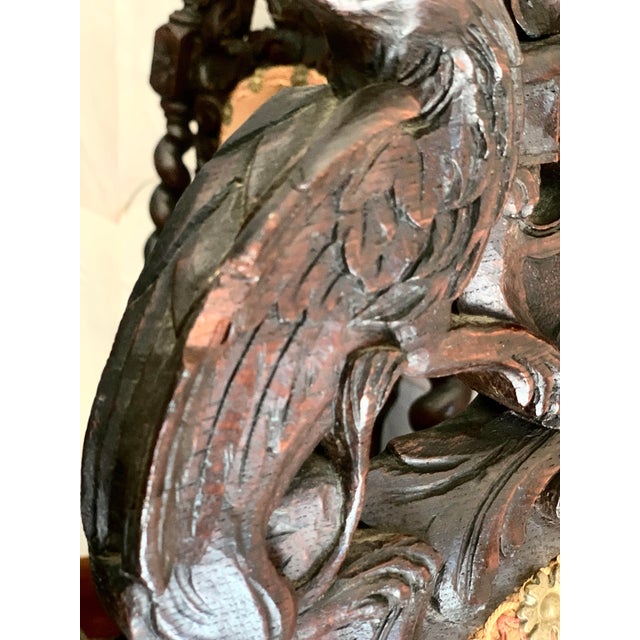 Late 19th Century Antique Ornately Carved Wood & Upholstery Jacobean Renaissance Revival Carved Parlor Throne Chairs- A Pair For Sale - Image 11 of 12