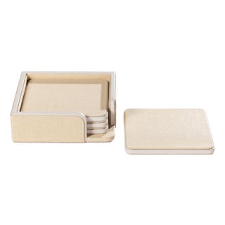 Nappa Leather & Raffia 4-Piece Coaster Set on Tray For Sale