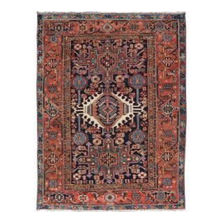 Antique Persian Heriz With Medallion Design in Ivory, Dark Blue & Jewel Tones For Sale