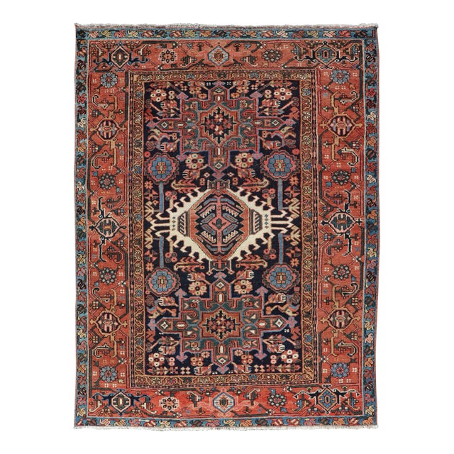 Antique Persian Heriz With Medallion Design in Ivory, Dark Blue & Jewel Tones For Sale