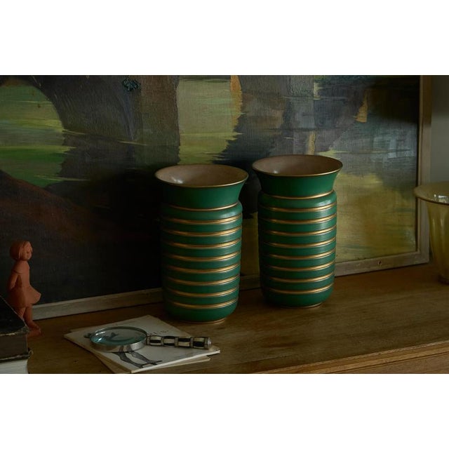 Art Deco Green and Gilt Vases from Villeroy & Boch, Luxembourg 1930s, Set of 2 For Sale - Image 4 of 10