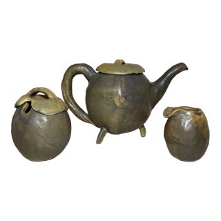 Antique Signed Japanese 3 Piece Studio Green Pottery Teapot Set Sugar Creamer For Sale
