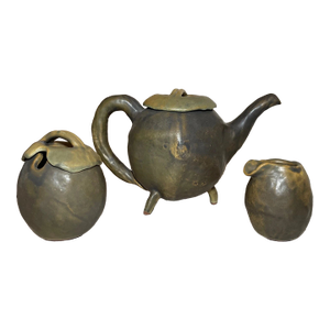 Antique Signed Japanese 3 Piece Studio Green Pottery Teapot Set Sugar Creamer