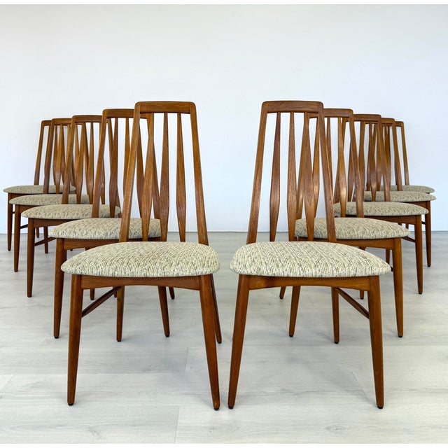 Dimensions: H 37.5” x W 18.3” x D 21” x SH 19” Set of 10 teak “Eva” dining chairs, designed by Niels Koefoed for Hornslet...