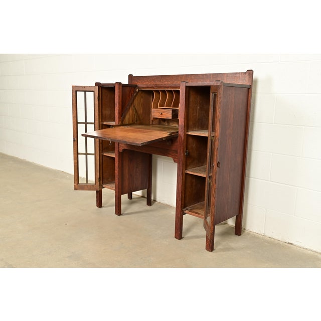 Stickley Brothers Style Antique Mission Oak Arts & Crafts Double Bookcase With Drop Front Secretary Desk, Circa 1910 For Sale In South Bend - Image 6 of 15
