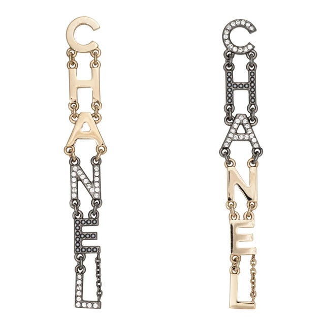 Modern 2020 Chanel Logo Long Earrings 3.5" Crystal Faux Pearl Yellow Black Gold Tone - 2 Pieces For Sale - Image 3 of 4